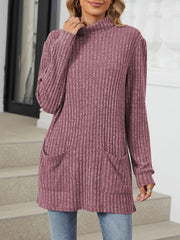 Solid Color Mock Neck Long Sleeve Tunic Blouse