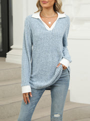 Colorblock Lapel Collar Long Sleeve Loose Blouse Top