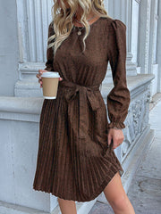 Round Neck Long Sleeve Lace-Up Leopard Pleated Midi Dress