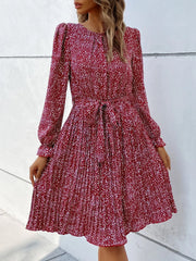 Round Neck Long Sleeve Lace-Up Leopard Pleated Midi Dress