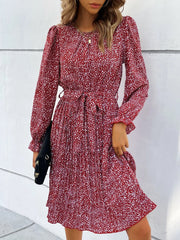 Round Neck Long Sleeve Lace-Up Leopard Pleated Midi Dress