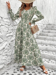 Boho-Chic Floral V Neck Long Sleeve Smocked Waist Swing Maxi Casual Dress
