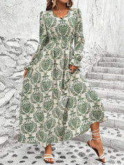 Boho-Chic Floral V Neck Long Sleeve Smocked Waist Swing Maxi Casual Dress