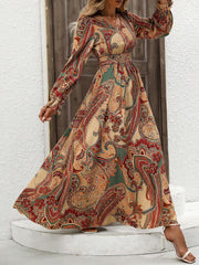 Boho-Chic Floral V Neck Long Sleeve Smocked Waist Swing Maxi Casual Dress