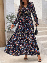 Boho-Chic Floral V Neck Long Sleeve Smocked Waist Swing Maxi Casual Dress