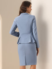 2 Piece Long Sleeve Notched Lapel Peplum Blazer Pencil Skirt Suit Set