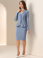 2 Piece Long Sleeve Notched Lapel Peplum Blazer Pencil Skirt Suit Set