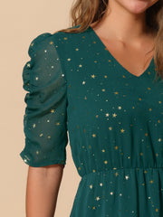 Metallic Stars Ruched Sleeve V Neck A-line Chiffon Dress