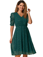 Metallic Stars Ruched Sleeve V Neck A-line Chiffon Dress