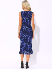 Mesh Floral Sleeveless Bodycon Cocktail Midi Dress