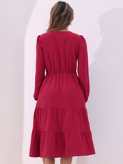 Lantern Sleeve Pocketed Ruffled Tiered A-Line Midi Dress