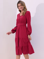 Lantern Sleeve Pocketed Ruffled Tiered A-Line Midi Dress