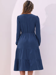 Lantern Sleeve Pocketed Ruffled Tiered A-Line Midi Dress