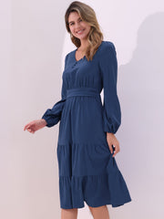 Lantern Sleeve Pocketed Ruffled Tiered A-Line Midi Dress