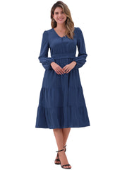 Lantern Sleeve Pocketed Ruffled Tiered A-Line Midi Dress
