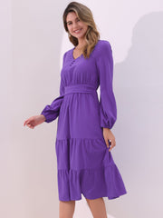 Lantern Sleeve Pocketed Ruffled Tiered A-Line Midi Dress