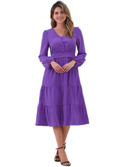 Lantern Sleeve Pocketed Ruffled Tiered A-Line Midi Dress