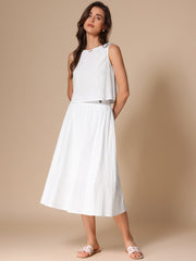2 Pieces Cotton Sleeveless Cropped Top & Midi A-Line Skirt Set