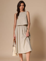 2 Pieces Cotton Sleeveless Cropped Top & Midi A-Line Skirt Set