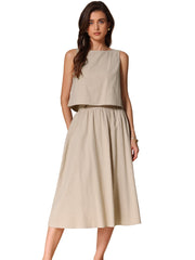 2 Pieces Cotton Sleeveless Cropped Top & Midi A-Line Skirt Set