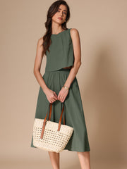 2 Pieces Cotton Sleeveless Cropped Top & Midi A-Line Skirt Set