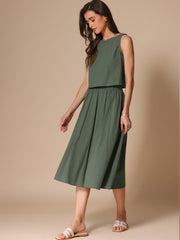 2 Pieces Cotton Sleeveless Cropped Top & Midi A-Line Skirt Set
