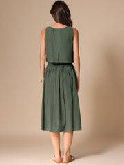 2 Pieces Cotton Sleeveless Cropped Top & Midi A-Line Skirt Set