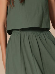 2 Pieces Cotton Sleeveless Cropped Top & Midi A-Line Skirt Set