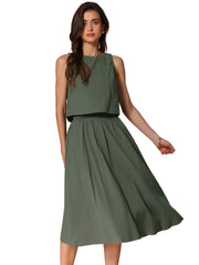 2 Pieces Cotton Sleeveless Cropped Top & Midi A-Line Skirt Set