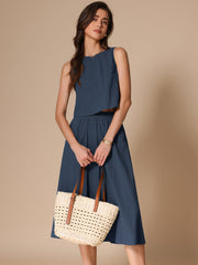 2 Pieces Cotton Sleeveless Cropped Top & Midi A-Line Skirt Set
