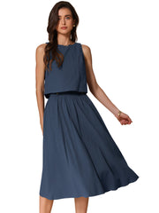 2 Pieces Cotton Sleeveless Cropped Top & Midi A-Line Skirt Set