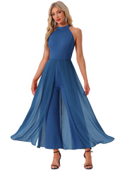Sleeveless Halter Neck Belted Elegant Wedding Cocktail Dressy Jumpsuits