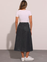 Casual High Waisted Flap Pocket A-Line Long Denim Jean Skirt