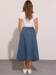 Casual High Waisted Flap Pocket A-Line Long Denim Jean Skirt