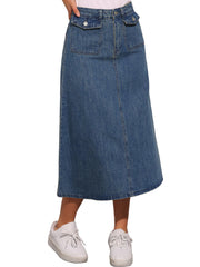Casual High Waisted Flap Pocket A-Line Long Denim Jean Skirt