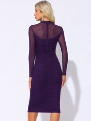 Mesh Sheer Mock Neck Ruch Cocktail Bodycon Midi Dress