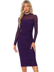 Mesh Sheer Mock Neck Ruch Cocktail Bodycon Midi Dress