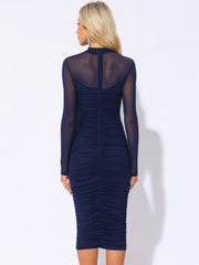 Mesh Sheer Mock Neck Ruch Cocktail Bodycon Midi Dress