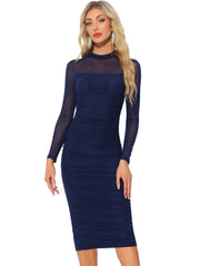 Mesh Sheer Mock Neck Ruch Cocktail Bodycon Midi Dress