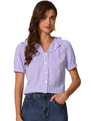 Plaid Blouse Puff Sleeve Ruffle Peter Pan Collar Shirt Top