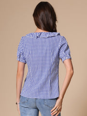 Plaid Blouse Puff Sleeve Ruffle Peter Pan Collar Shirt Top