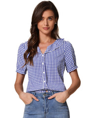 Plaid Blouse Puff Sleeve Ruffle Peter Pan Collar Shirt Top