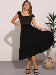 Boho Square Neck Ruffle Tiered Flowy Smocked Midi Dress Sundress