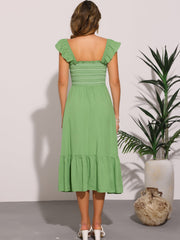 Boho Square Neck Ruffle Tiered Flowy Smocked Midi Dress Sundress