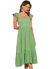 Boho Square Neck Ruffle Tiered Flowy Smocked Midi Dress Sundress