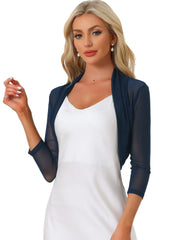 Semi Sheer Mesh Elegant 3/4 Sleeve Stretchy Cropped Bolero Shrugs