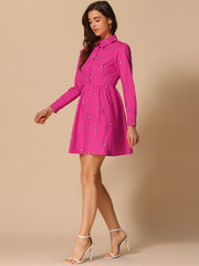 Casual Long Sleeve Half Placket Embroidered Floral Mini Shirt Dress