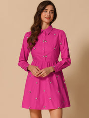 Casual Long Sleeve Half Placket Embroidered Floral Mini Shirt Dress