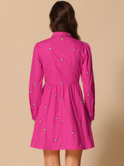Casual Long Sleeve Half Placket Embroidered Floral Mini Shirt Dress