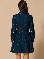 Casual Long Sleeve Half Placket Embroidered Floral Mini Shirt Dress